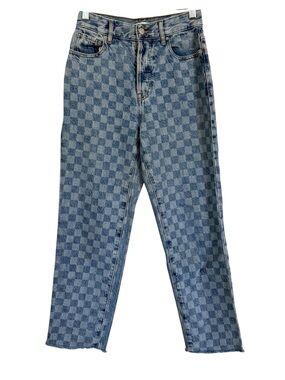 PacSun High Rise Straight Checkerboard Jeans Blue Raw Hem Women’s Size 25